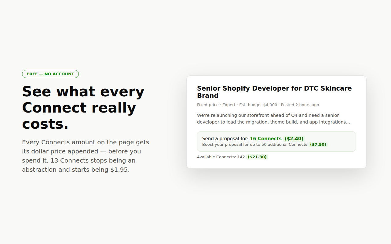 Upwork job post showing dollar costs appended to Connects amounts