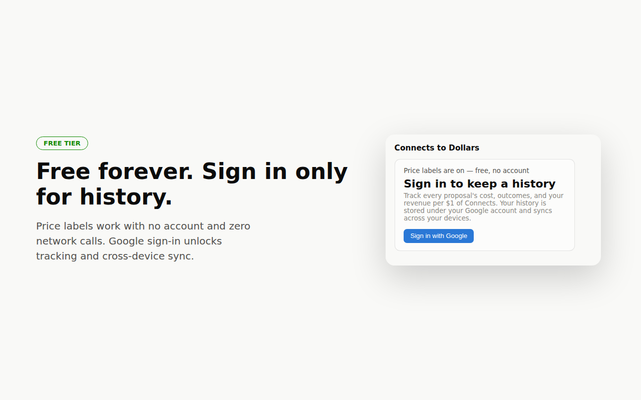 Sign-in screen showing the free tier and the option to keep history